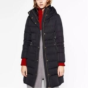 Zara Size Small Black Feather Down filled Puffer Coat Snap and Zip Front Hooded